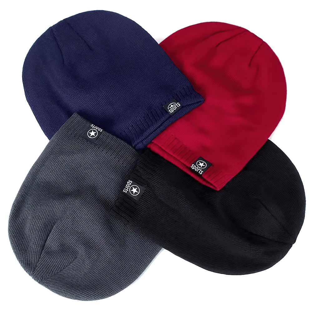 Assorted colors of unisex sports warm knitted beanie with fur lining for winter, ideal for outdoor adventures like skiing and hiking.