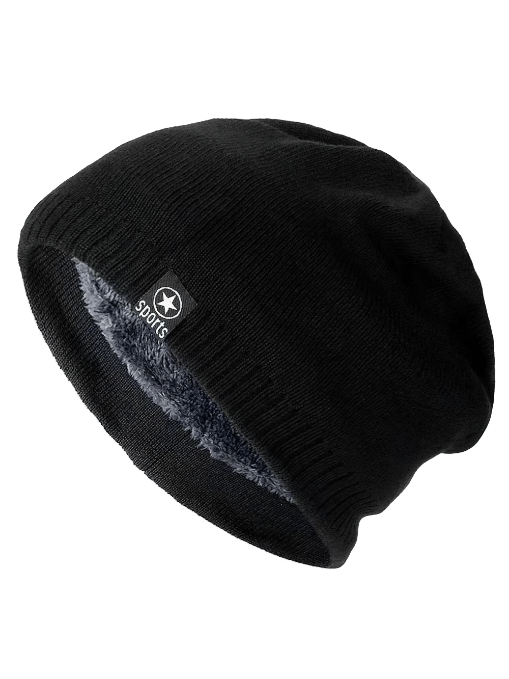 Black knitted sports beanie with fur lining, perfect for outdoor adventures in winter. Unisex design for skiing, hiking, or casual wear.