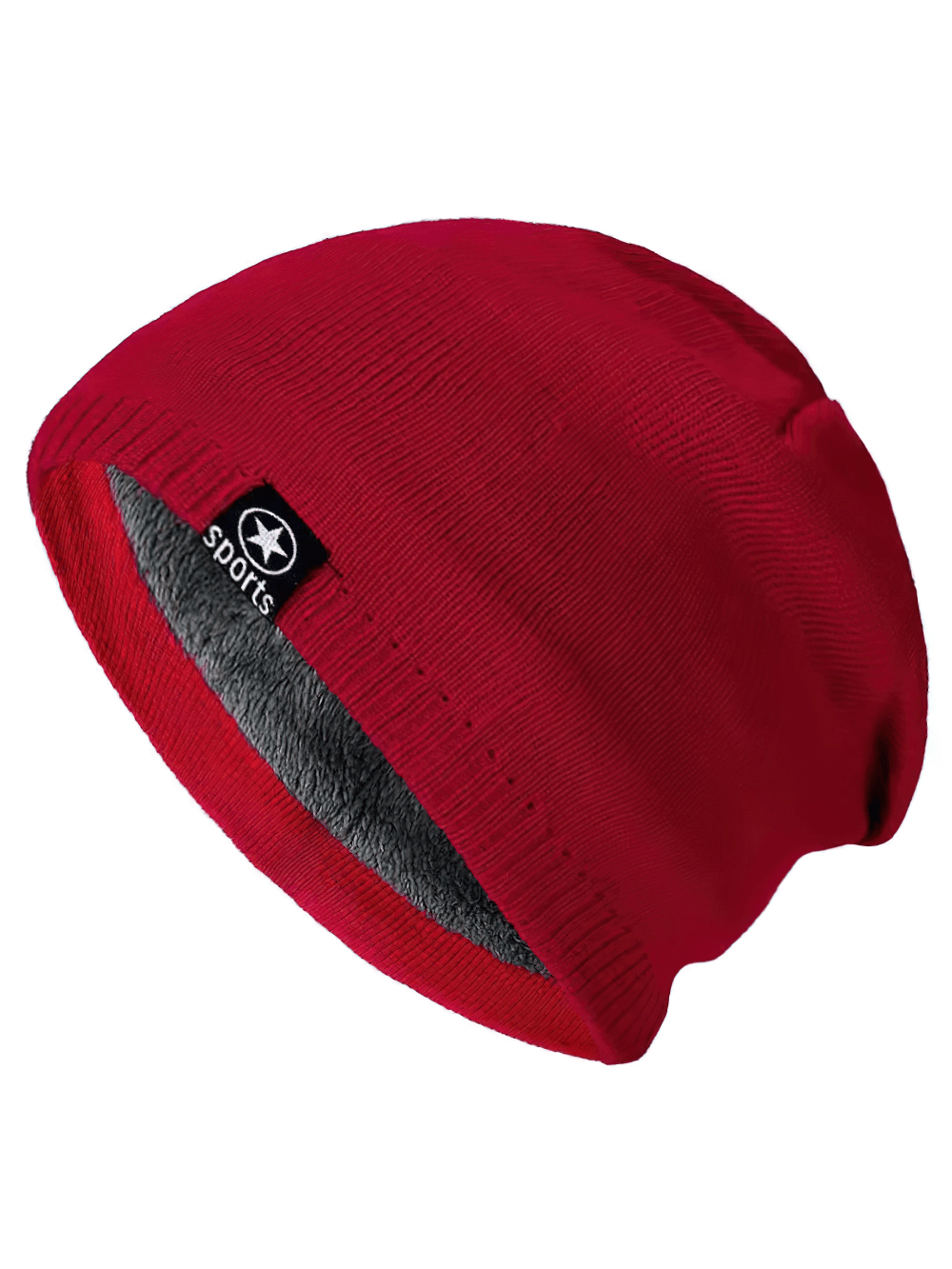 Red warm knitted beanie for outdoors with fur lining, perfect for winter adventures. Unisex design, durable acrylic, SF2407 series.