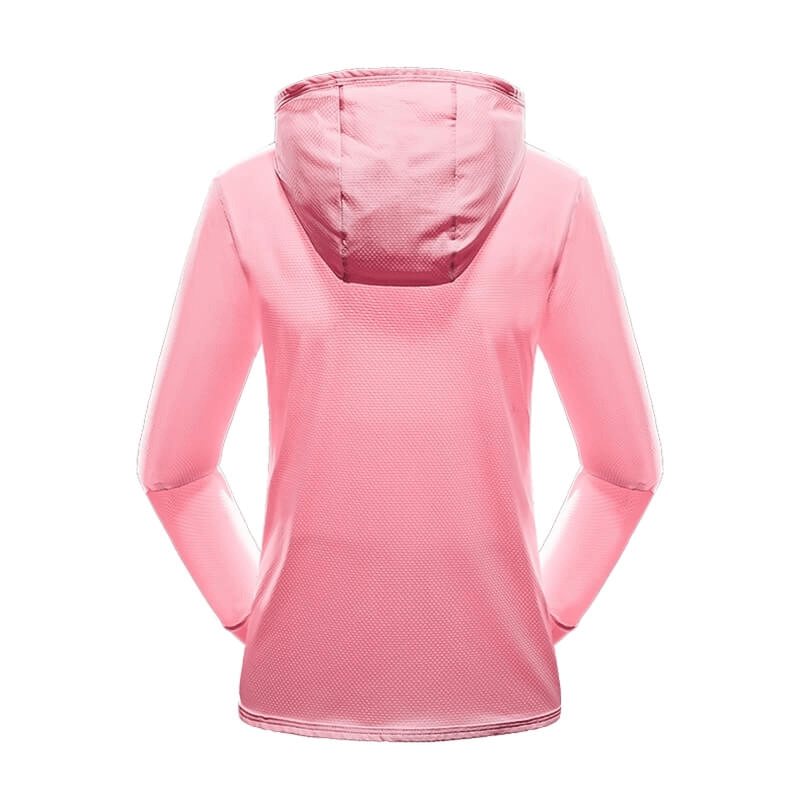 Back view of women's pink sports windbreaker with hood, perfect for trekking and outdoor activities, featuring waterproof design.