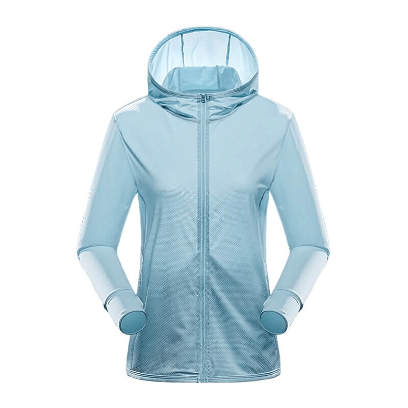 Sky blue women's sports windbreaker for trekking, waterproof and breathable for outdoor adventures, model SF0157.