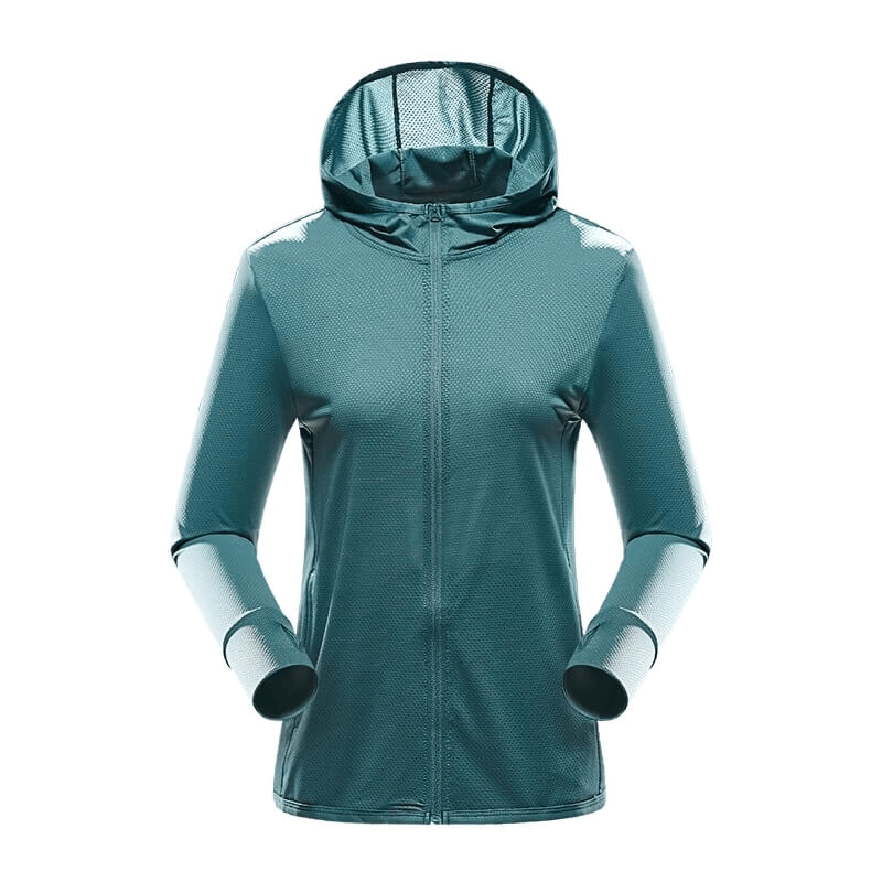 Women's sports windbreaker in blue, waterproof and breathable, perfect for trekking and camping. SF0157 jacket with hood.