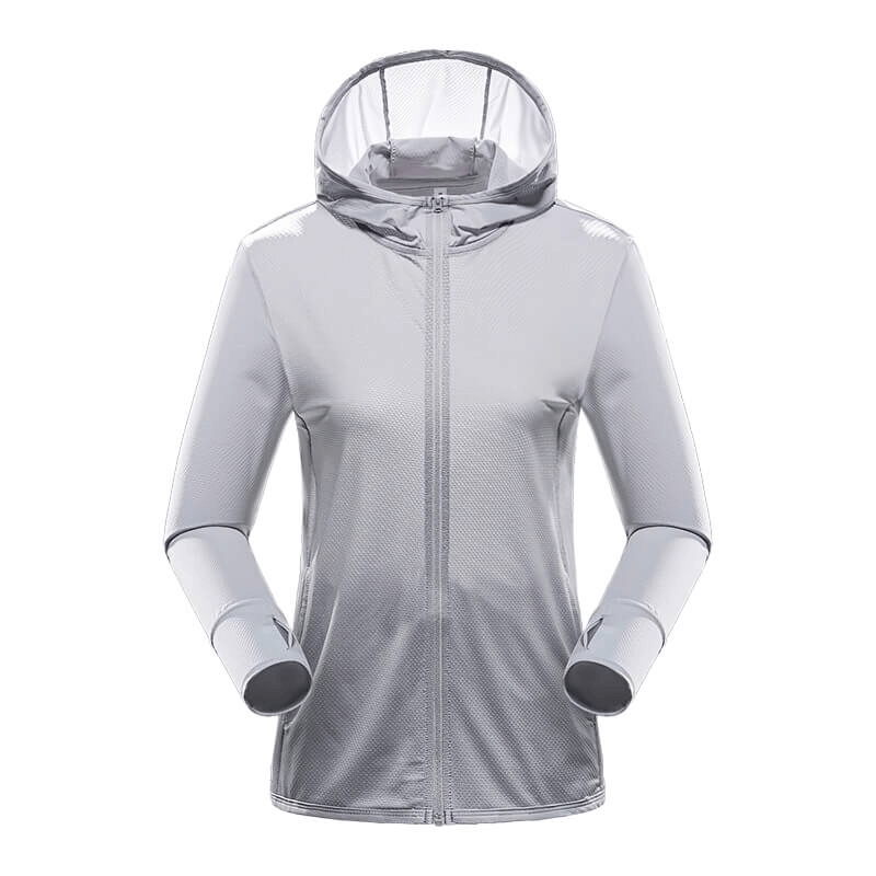 Women's sports windbreaker in silver, waterproof and breathable for trekking, featuring sun protection and anti-static properties.