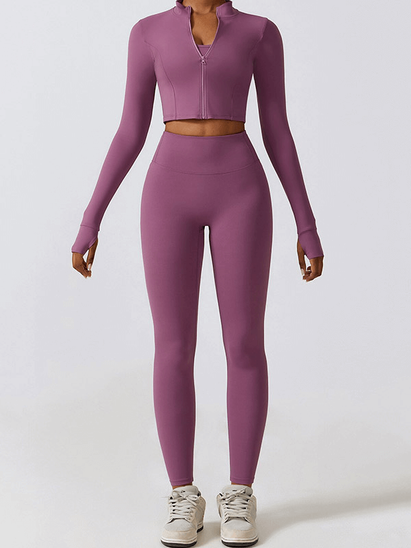 Women's purple 2-piece yoga set with zip-up top and leggings, featuring breathable nylon and spandex for sports like running and cycling.