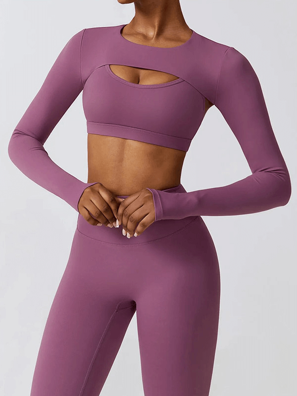 Women's yoga set in mauve featuring long sleeves and sporty top, ideal for running and fitness with breathable nylon-spandex fabric.
