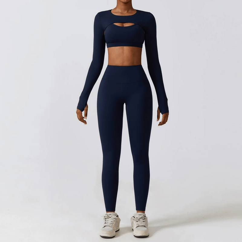 Woman wearing navy Sportswear Yoga Set SF1691, featuring long sleeves and high-waisted leggings, ideal for fitness and yoga activities.