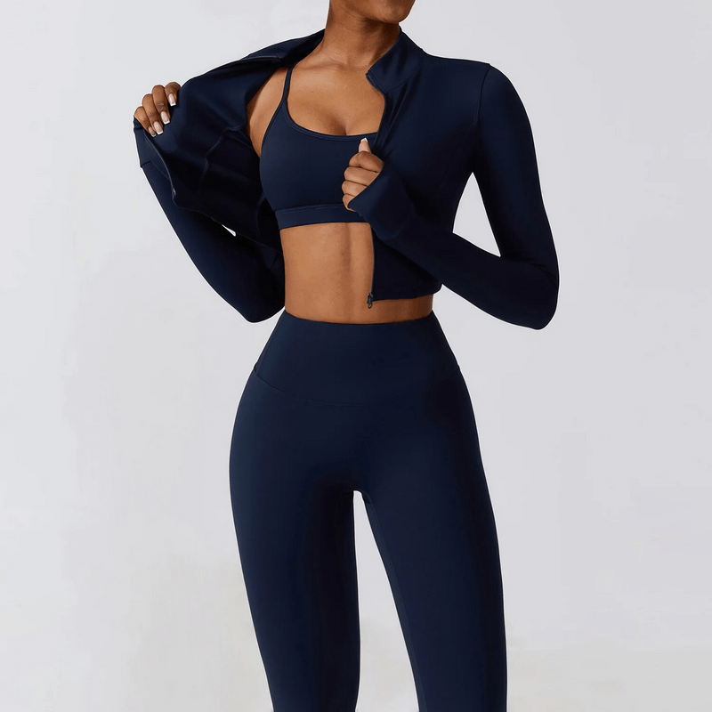 Women's 2-piece sportswear yoga set in dark blue, showcasing breathable and flexible fit for active pursuits like running and fitness.