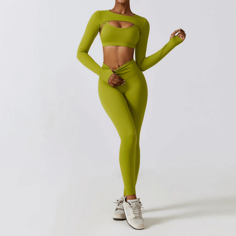 Lime green women's yoga set in breathable nylon-spandex with anti-wrinkle, quick-dry tech, ideal for fitness and outdoor sports.