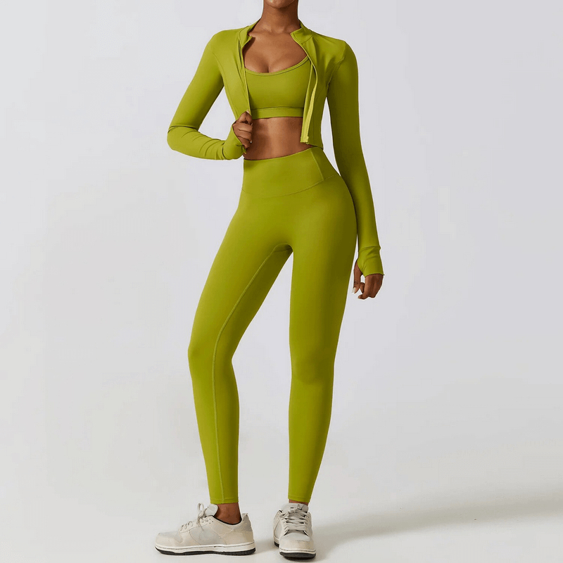 Woman wearing green sportswear yoga set, showcasing 2pcs design ideal for fitness and sports activities, featuring breathable fabric.