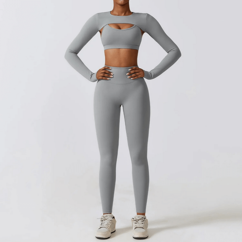 Female model in grey 3-piece sportswear yoga set SF1691, featuring breathable and quick-dry material, perfect for fitness activities.