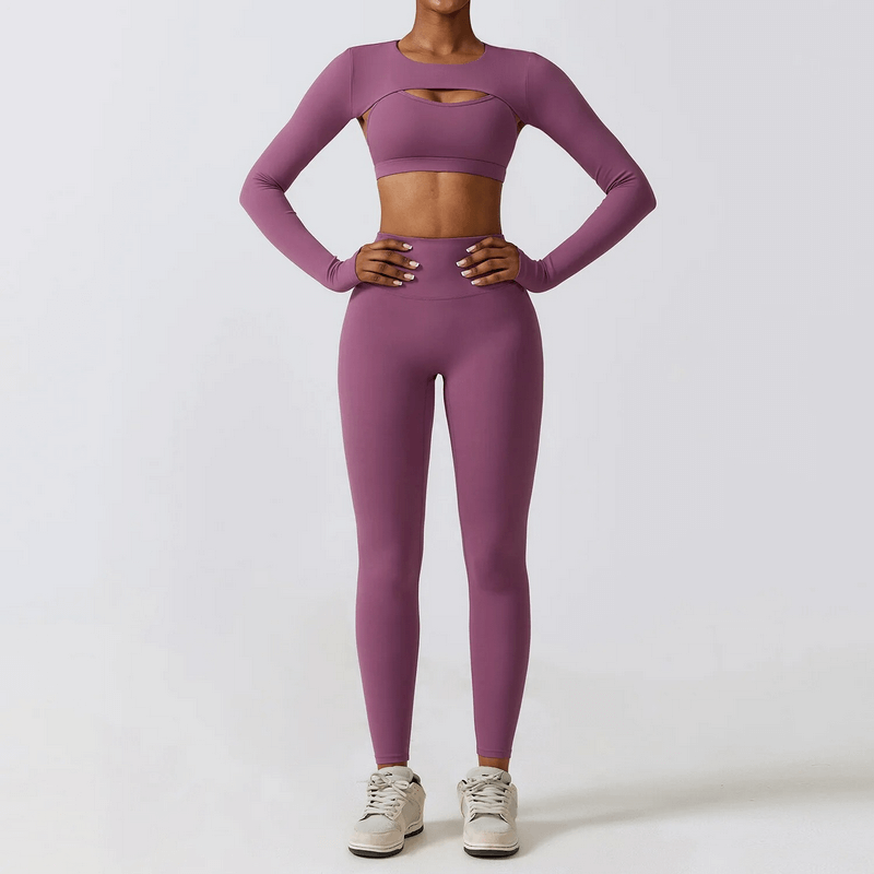 High-waisted pink sportswear yoga set for women with long sleeves and cutout design, perfect for running and hiking - SF1691