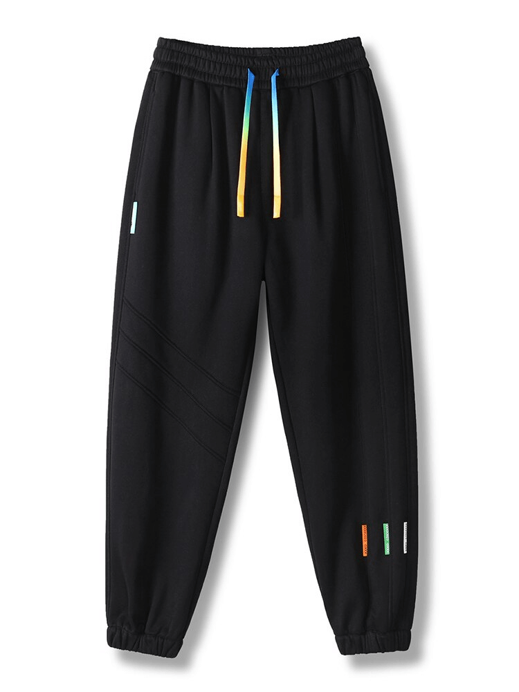 Sporty baggy casual joggers for men, black with colorful drawstring and side pockets, SF1427.