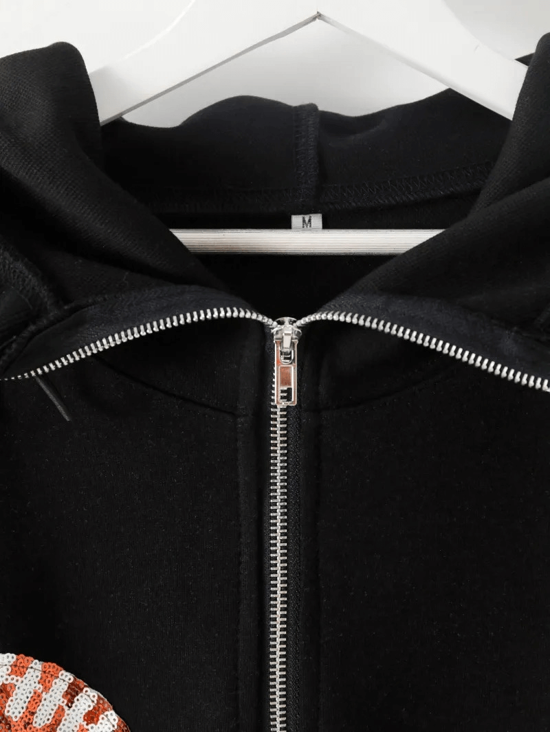 Black sporty casual women's hoodie with zip and hood, featuring stylish sequin detail and a comfortable cotton blend fabric.