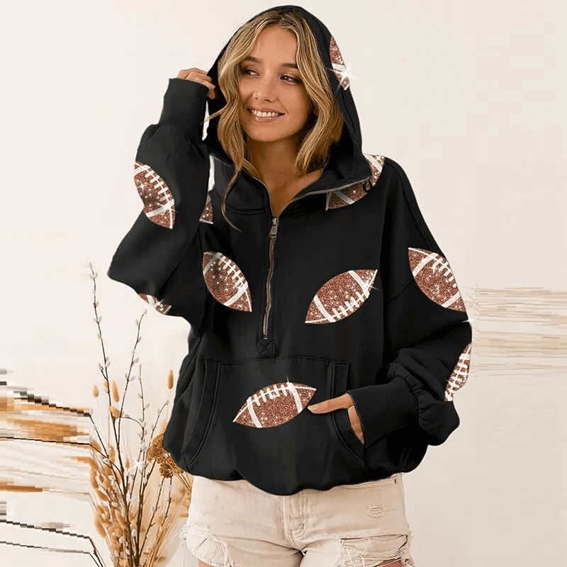 Sporty casual women's hoodie with front pockets and sequin football print, ideal for comfort and style during any activity.