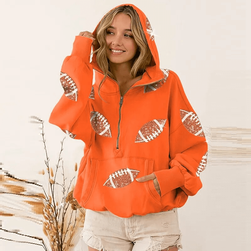 Sporty casual women's orange hoodie with football designs, hood, and front pockets - SF1598