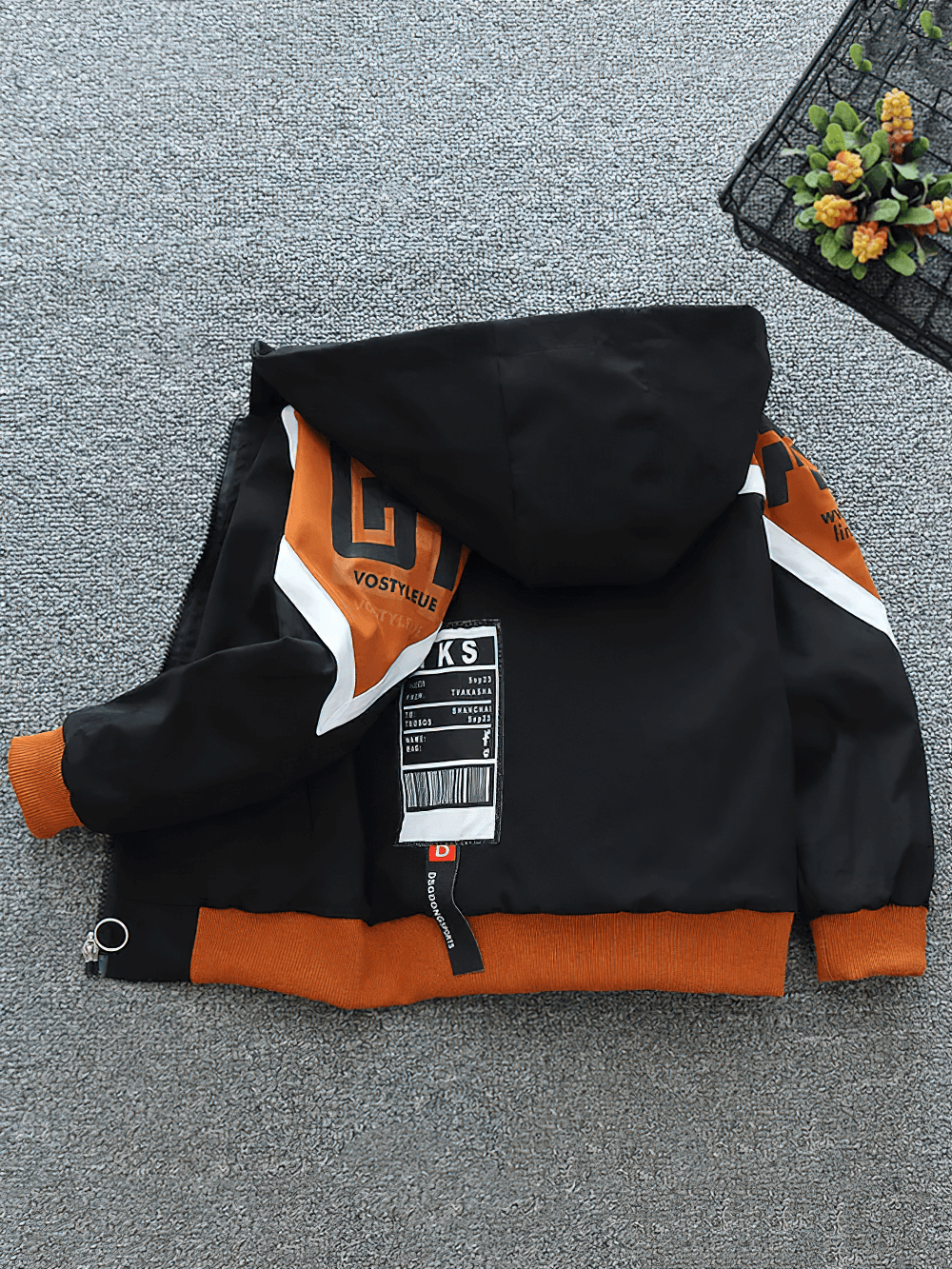 Trendy kids' Sporty Color-Block Hooded Jacket with Zipper - SF3564 in green, orange, and white, shown with cozy hood and elastic cuffs.