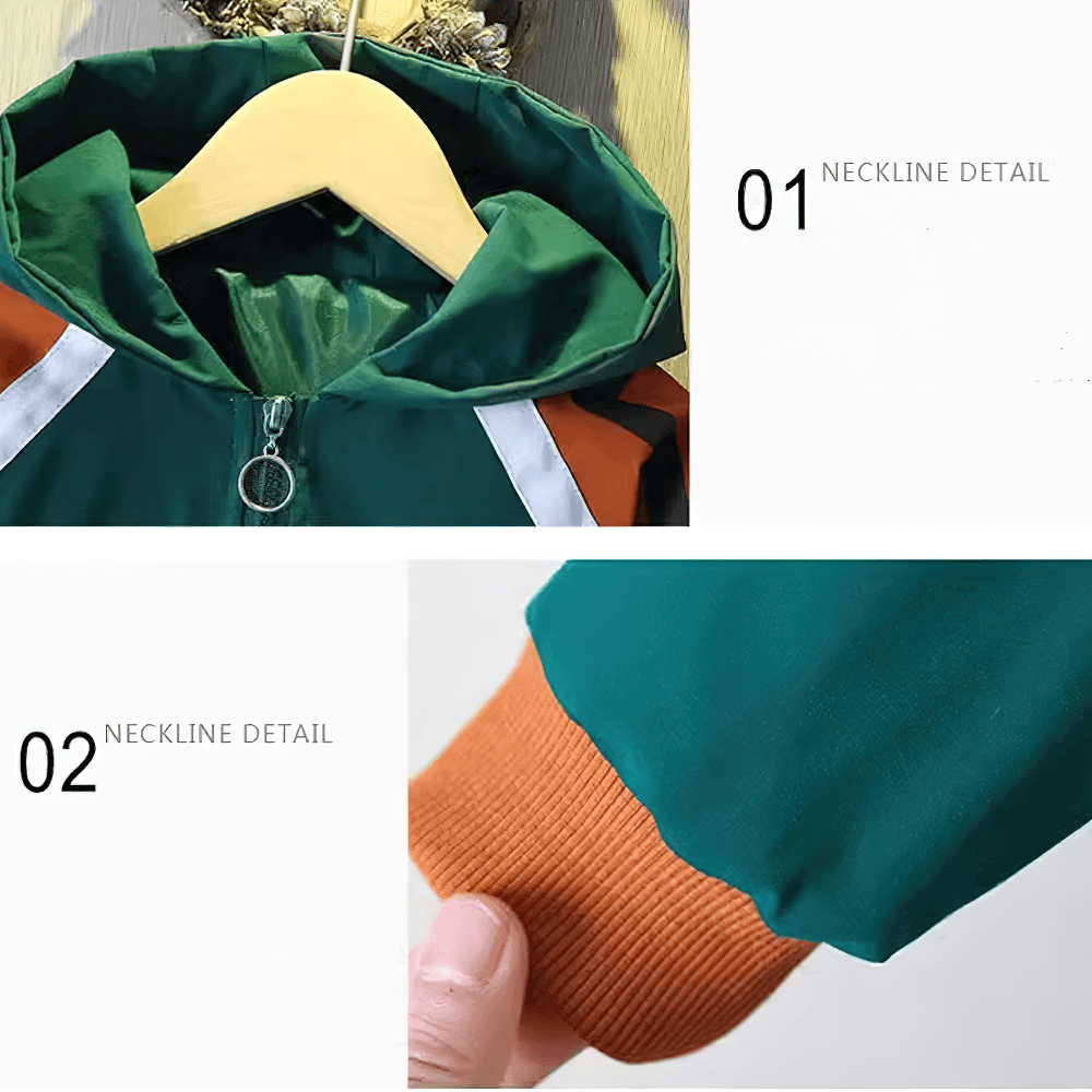 Neck and sleeve details of Sporty Color-Block Hooded Jacket with Zipper - SF3564 in green, orange, and white.