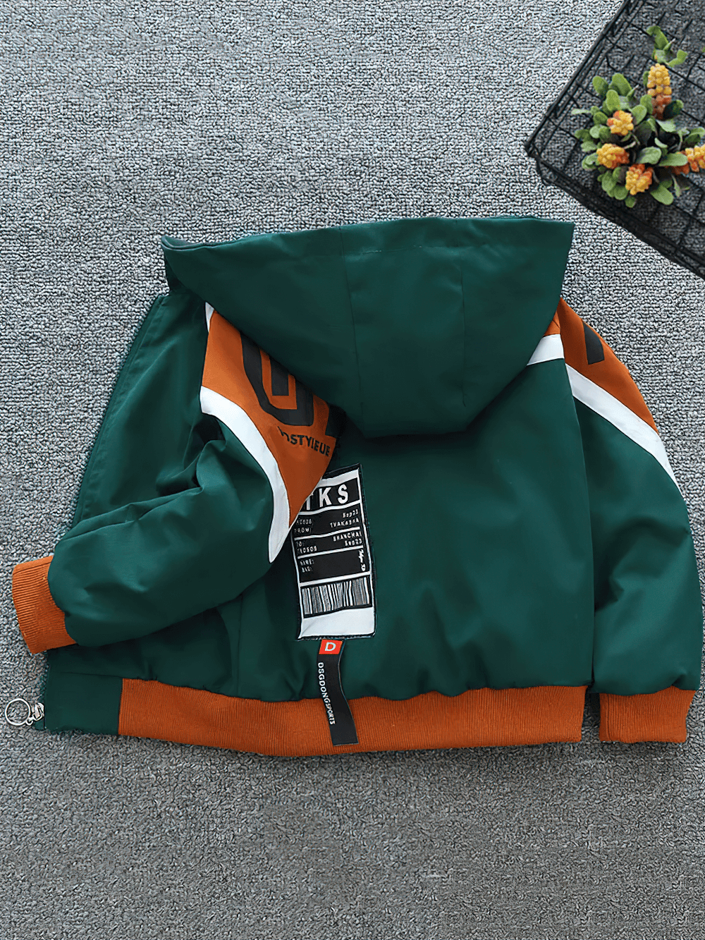 Sporty Color-Block Hooded Jacket with Zipper - SF3564 in vibrant green, orange, and white with cozy hood and elastic cuffs.