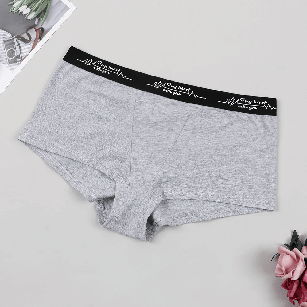 Sporty ladies panties with letter print waistband, grey boyshort underwear, flexible spandex-polyamide blend for active wear.