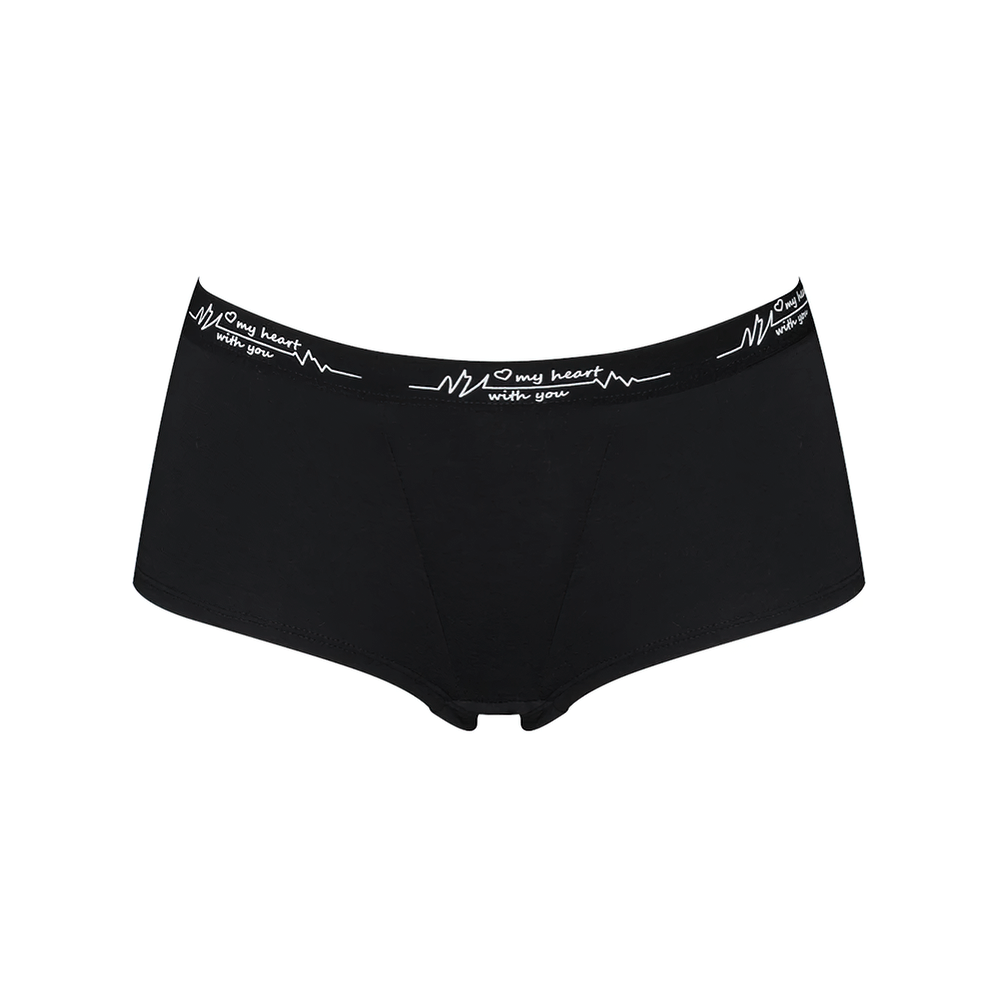 Sporty black women's boyshort panties with letter print waistband, mid-rise fit, and streamlined design - SF2520.