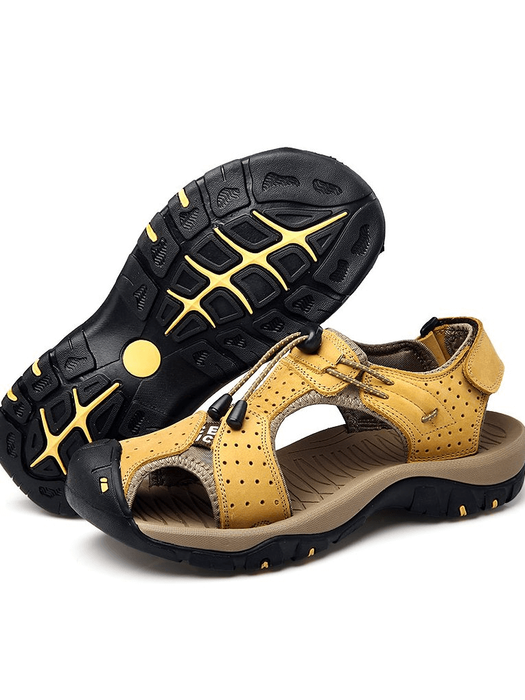 Sporty leather casual men's sandals with adjustable buckles, solid pattern, and rubber outsoles for superior grip - style SF1418
