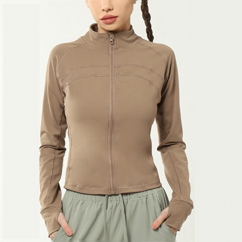 Veste zippée sportive de couleur unie pour femmes avec découpes pour les doigts - SPF1461 