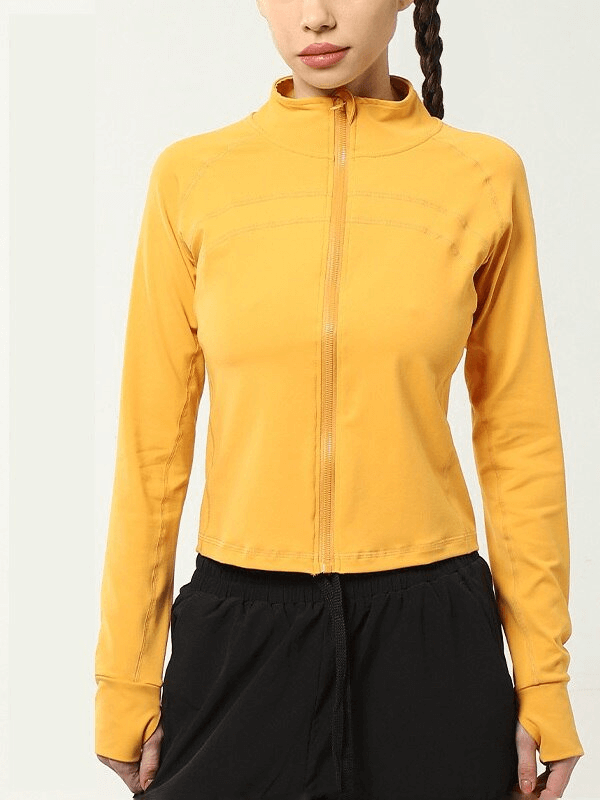 Sporty Solid Color Women's Zipper Jacket with Finger Cutouts - SF1461