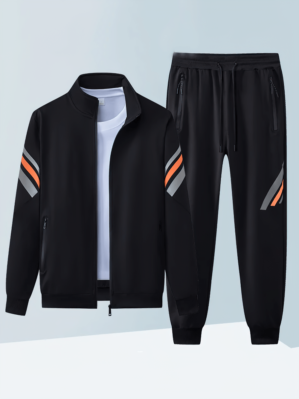 Sporty Stripe Track Jacket Set with Black Joggers - SF4707, featuring a sleek zip jacket and jogger pants.