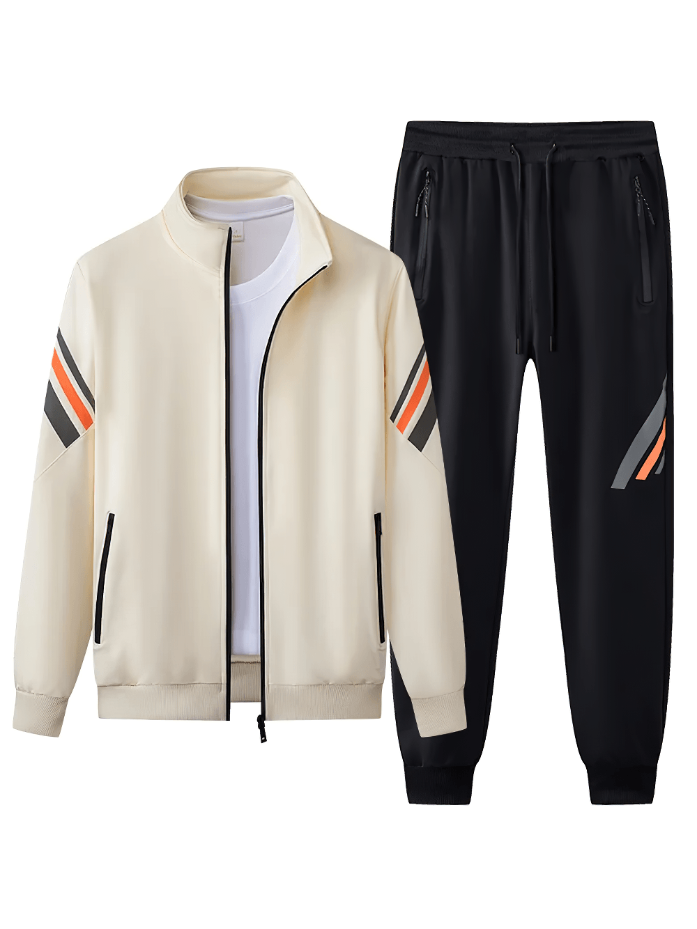Sporty Stripe Track Jacket Set with Black Joggers - SF4707 featuring a zip-up jacket and joggers in a stylish beige and black design.