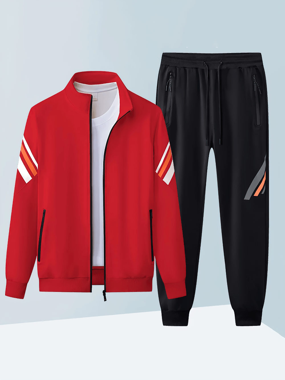 Sporty Stripe Track Jacket Set with Black Joggers - SF4707 featuring red jacket and black joggers with sporty stripe details.