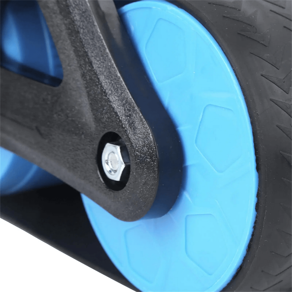 Close-up of Springback Wheels Ab Roller with blue dual mute wheels for smooth and stable core workouts at home.