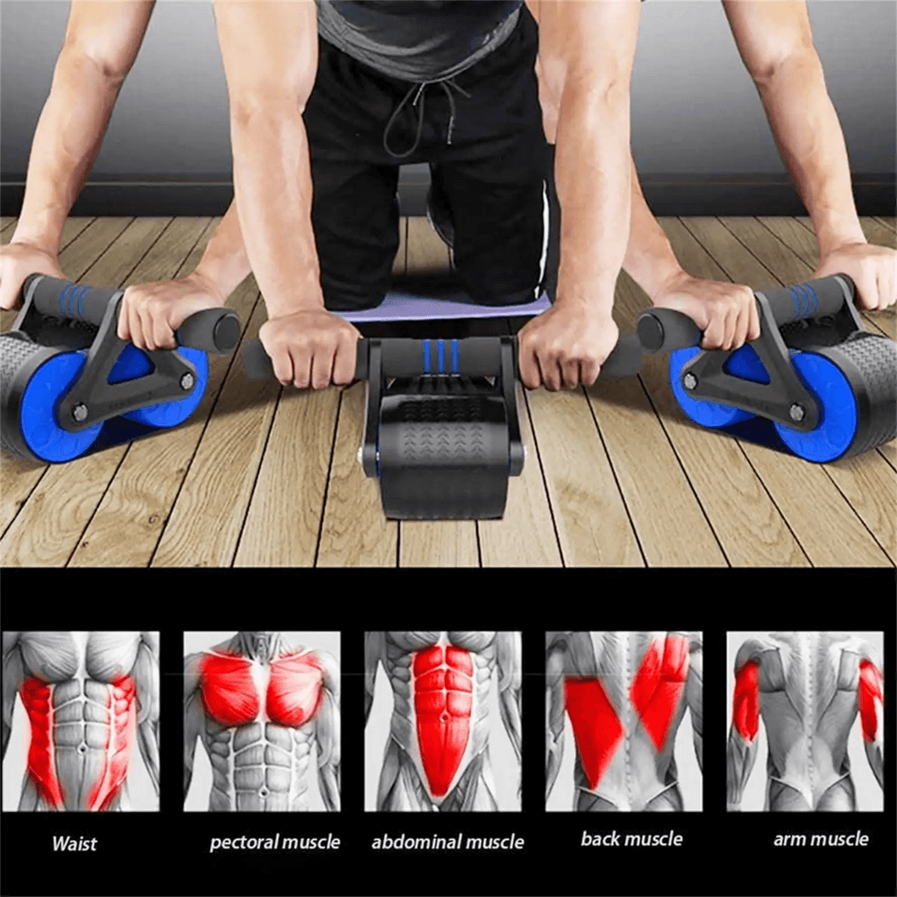 Two people using Springback Wheels Ab Roller exercising on wood floor with focus on core and upper body muscles.