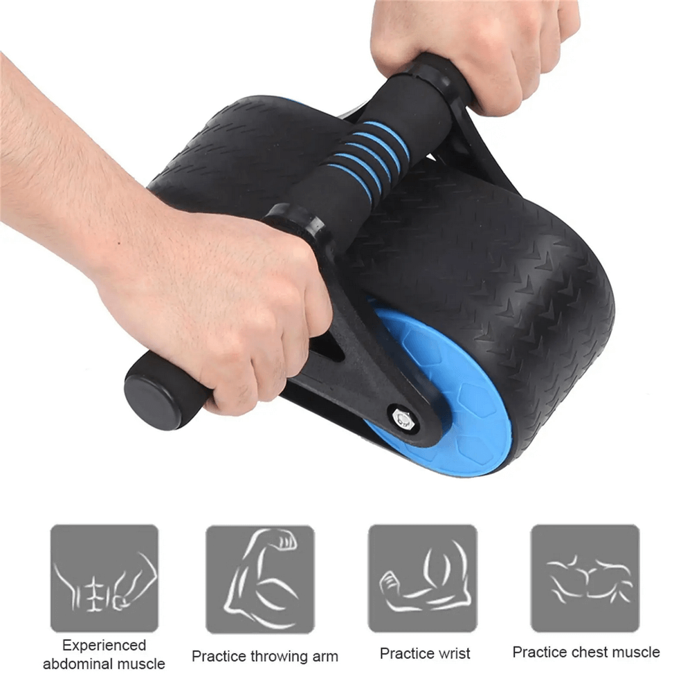 Close-up of hands using Springback Wheels Ab Roller Exerciser with blue wheels for core strength and balance in home gym workouts.
