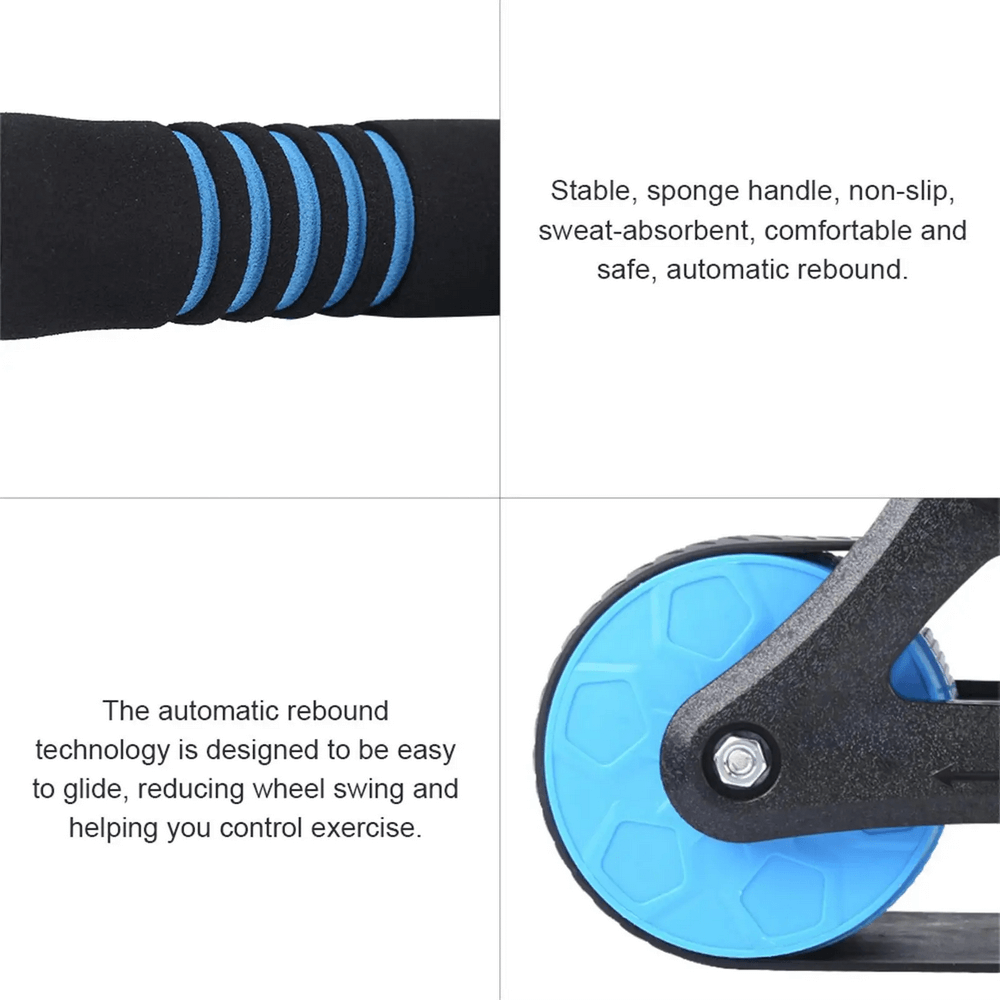 Close-up of Springback Wheels Ab Roller with blue wheels, featuring a non-slip sponge handle and auto rebound technology for stability.