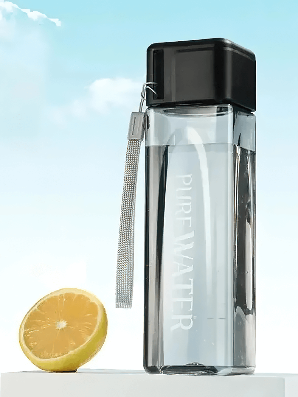 Square Plastic Water Bottle with Strap for Sports - SF3488, clear bottle with lemon on side, perfect for gym and outdoor activities.