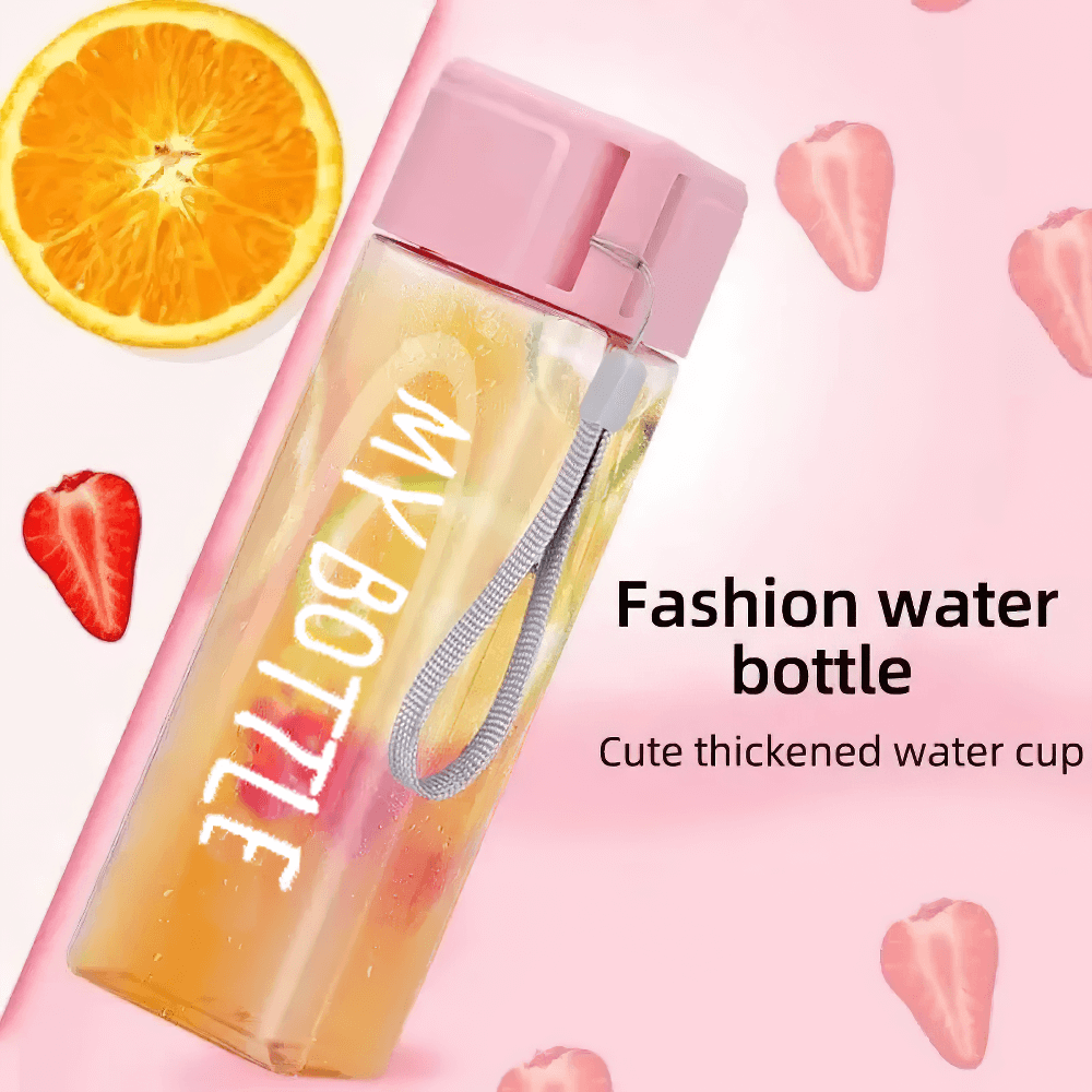Square Plastic Water Bottle with Strap for Sports - SF3488 featuring pink cap and strap with citrus and strawberry decor.