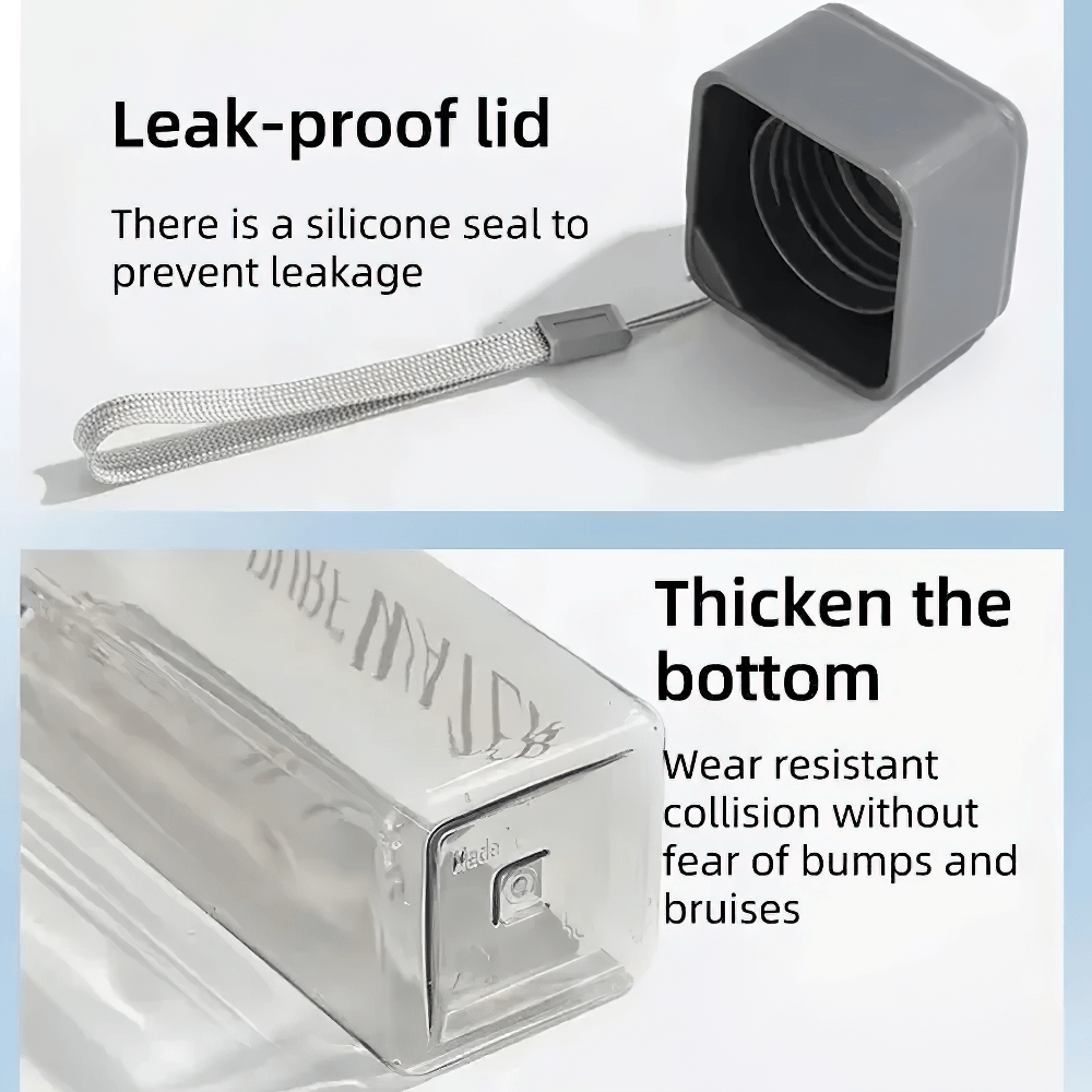 Leak-proof and durable details of the Square Plastic Water Bottle with Strap for Sports - SF3488, highlighting the cap and reinforced base.