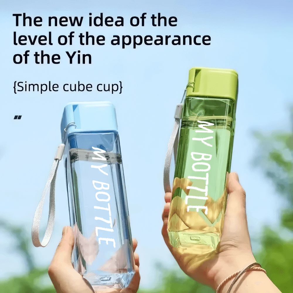 Hands holding Square Plastic Water Bottle with Strap for Sports - SF3488, clear reusable design for gym and travel.