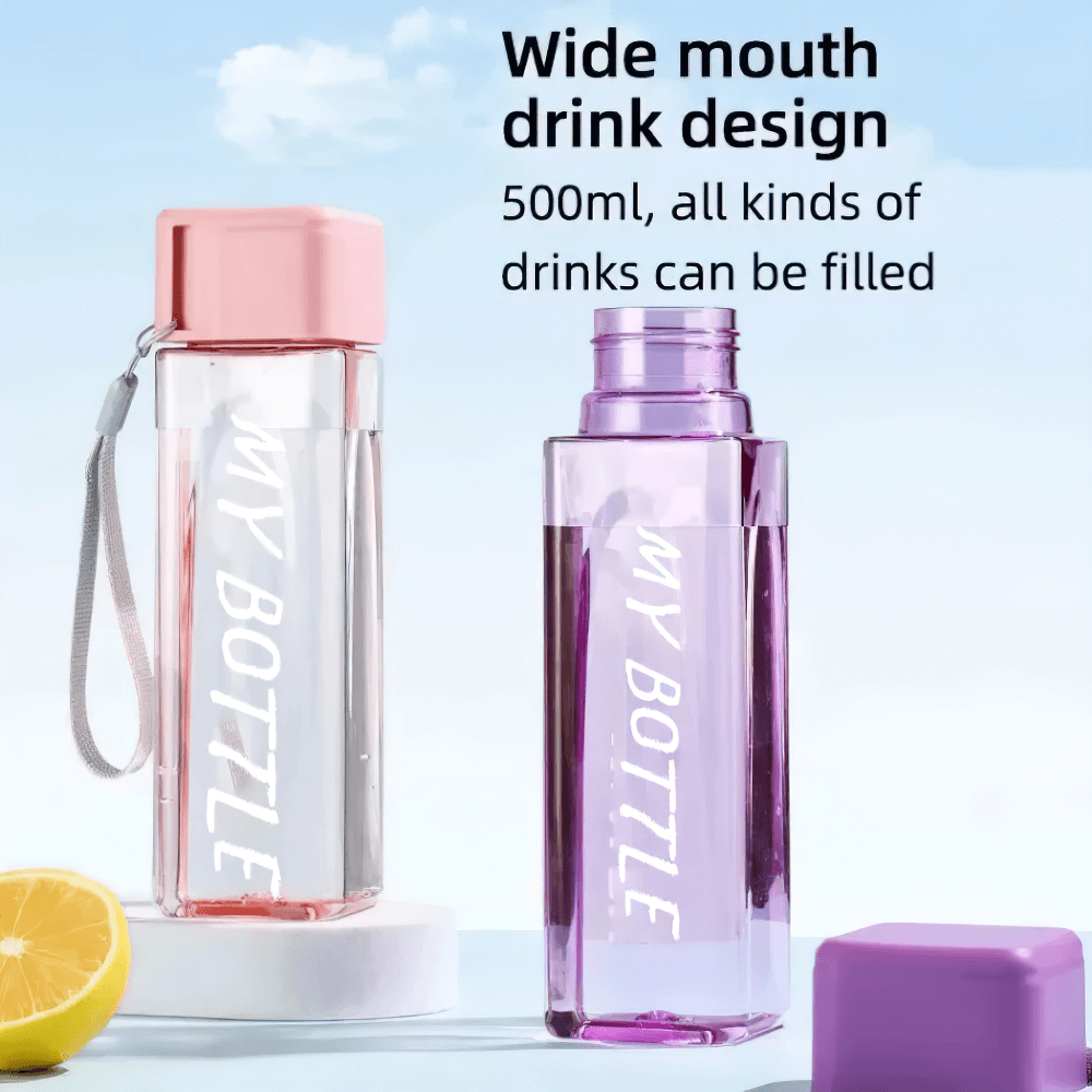 Square Plastic Water Bottle with Strap for Sports - SF3488 in pink and purple, featuring wide mouth design, ideal for gym and outdoor use.