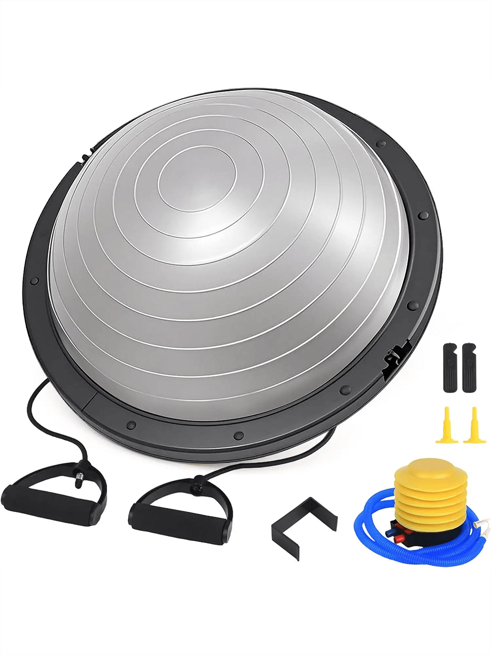 Half balance ball trainer with resistance bands and foot pump for versatile workouts, ideal for core and stability exercises.