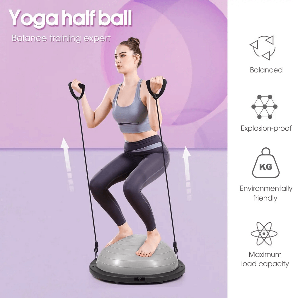 Woman exercising on half balance ball with resistance bands, showcasing balance and stability features in a home gym setting.