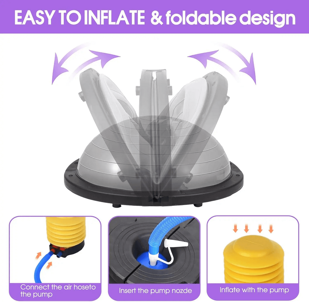 Inflatable foldable half balance ball trainer with foot pump for easy setup and versatile exercises.