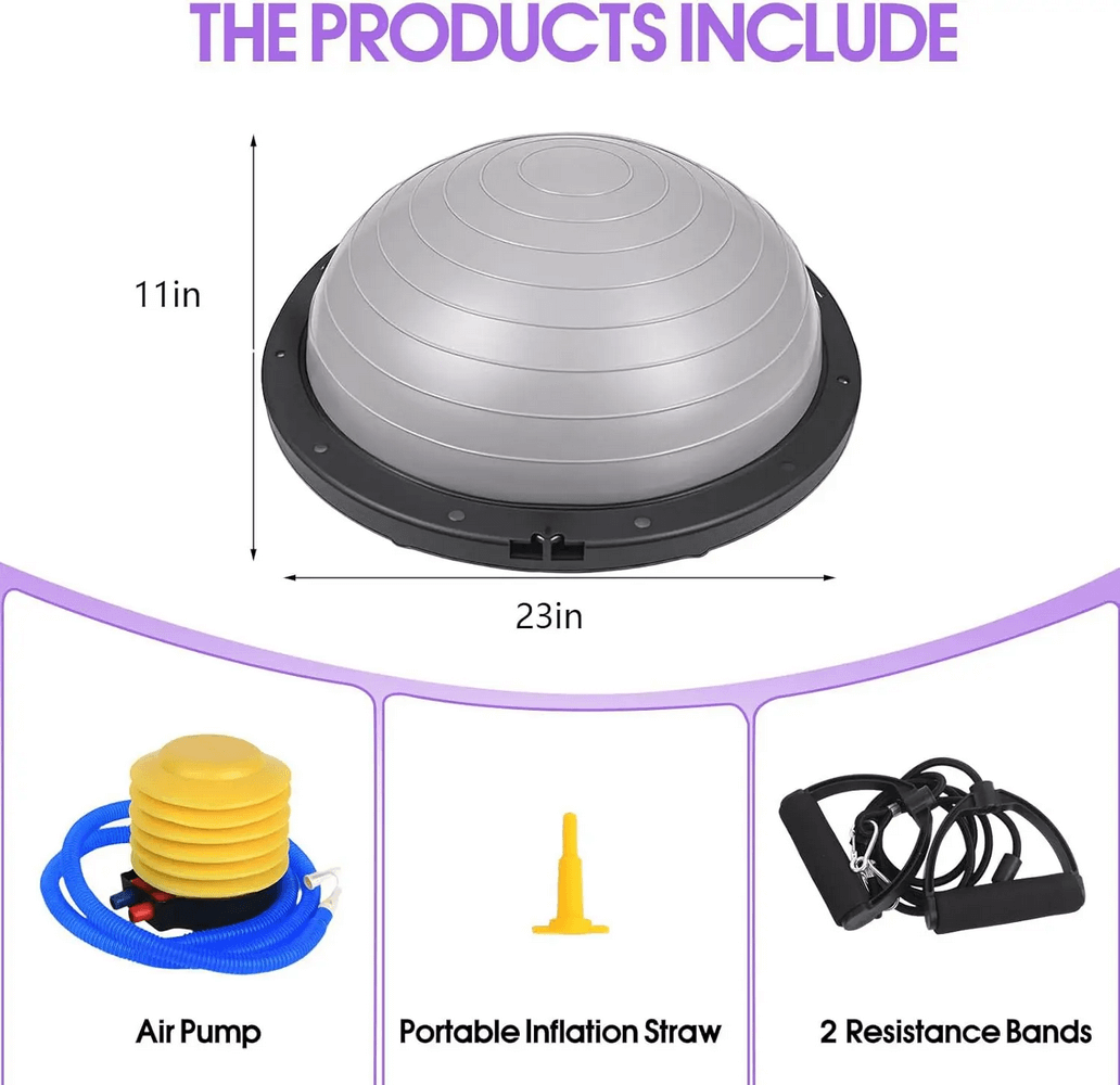 Stability Ball with Resistance Bands and Pump, 23-inch, includes foot pump, inflation straw, and bands for versatile workouts.