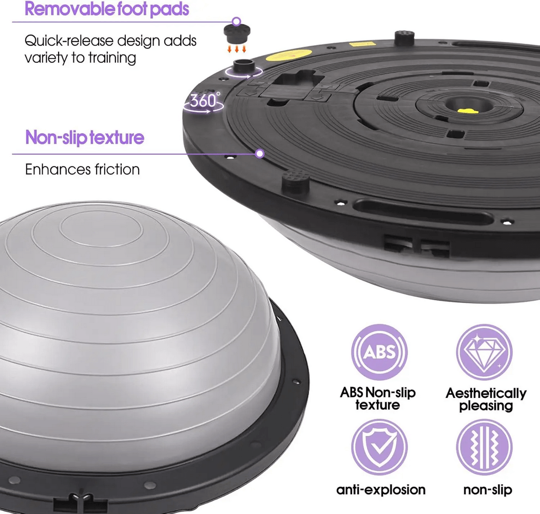 Stability ball trainer with non-slip texture and removable foot pads for versatile exercises. Includes icons showing features.