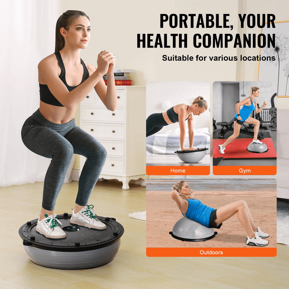 Woman balancing on a half balance ball trainer with resistance bands, showcasing versatile workouts at home, gym, and outdoors.