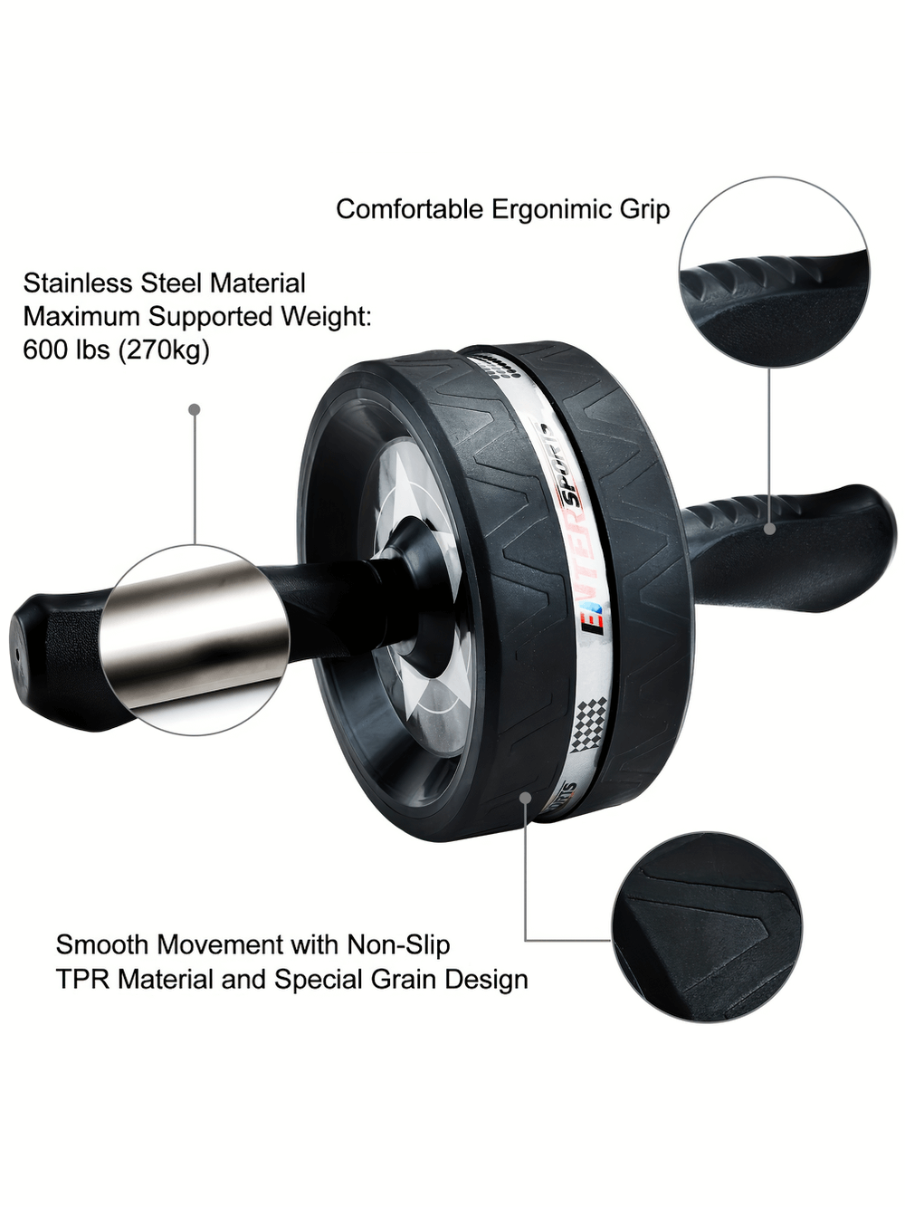 Stainless steel ab roller wheel SF2795 with ergonomic grip, non-slip surface. Supports 600 lbs, perfect for core and strength training.