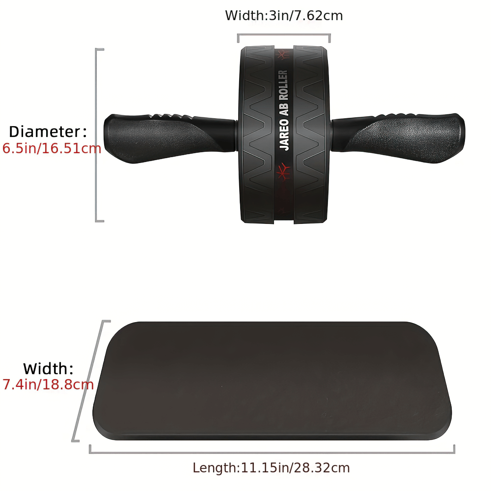 Stainless Steel Ab Roller Wheel with non-slip surface and ergonomic grip, perfect for core workout and strength training, dimensions shown.