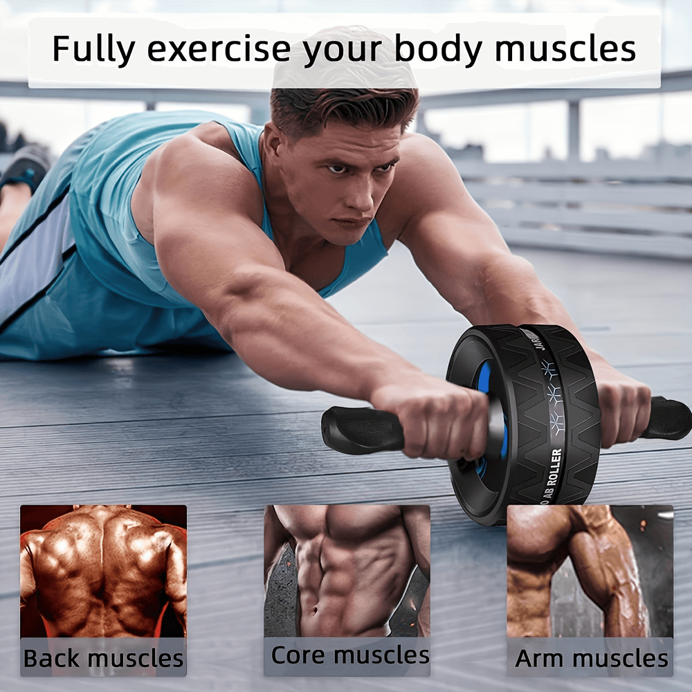 Man using stainless steel ab roller wheel SF2795 for core workout and muscle toning, highlighting back, core, and arm muscles.