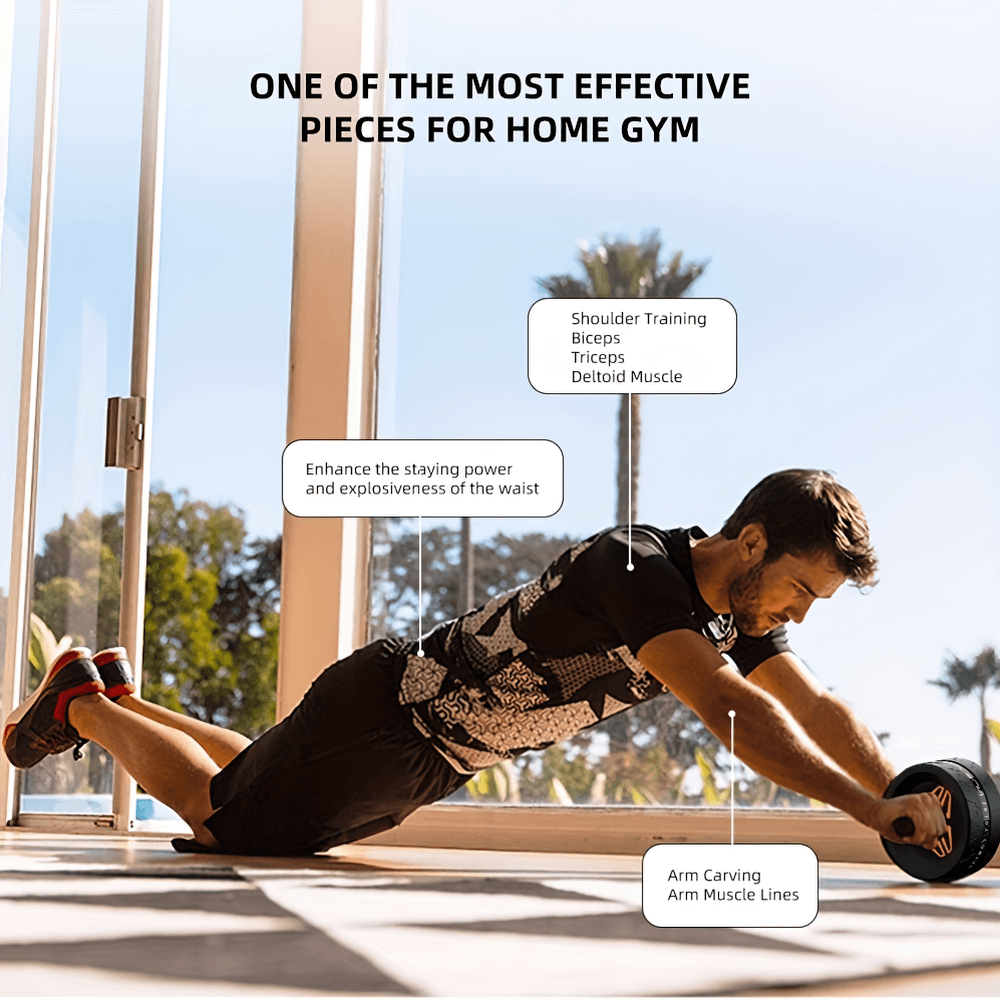 Man using stainless steel ab roller wheel for core workout in home gym, focusing on abs, arms, and shoulder muscles.