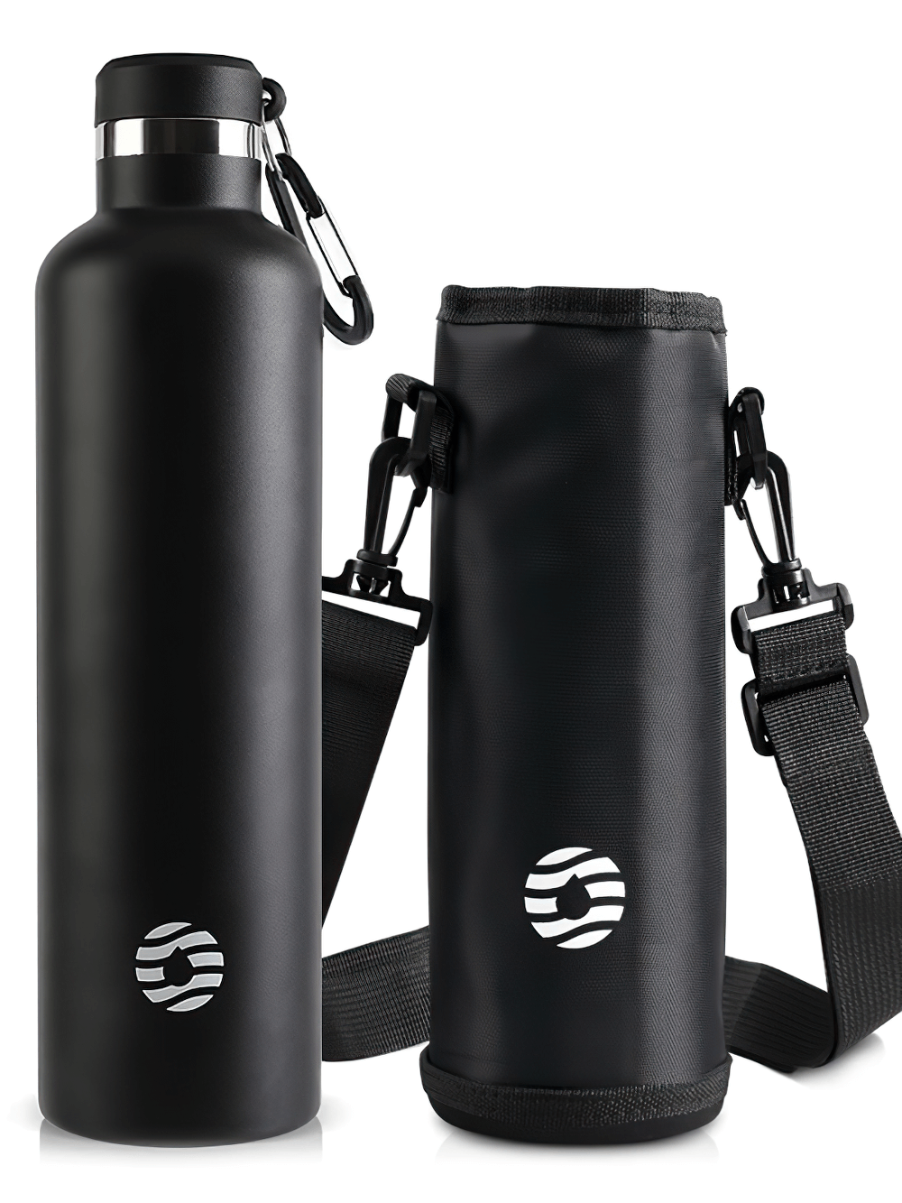 Stainless steel water bottle with carabiner and insulated sleeve, 1000ml. Perfect for sports and outdoor activities, keeps drinks hot or cold.